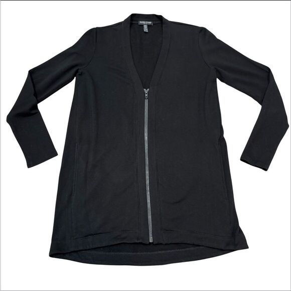 Eileen Fisher Black V-neck Zip Up Tencel Long Sleeve Cardigan Size PP Petite 2-4 - Picture 1 of 11